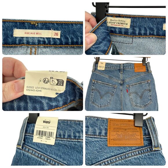 Levi’s Ribcage Bell Jeans Women’s 26x30 27W Blue Denim Flare High Rise BLANK TAB - Picture 5 of 9